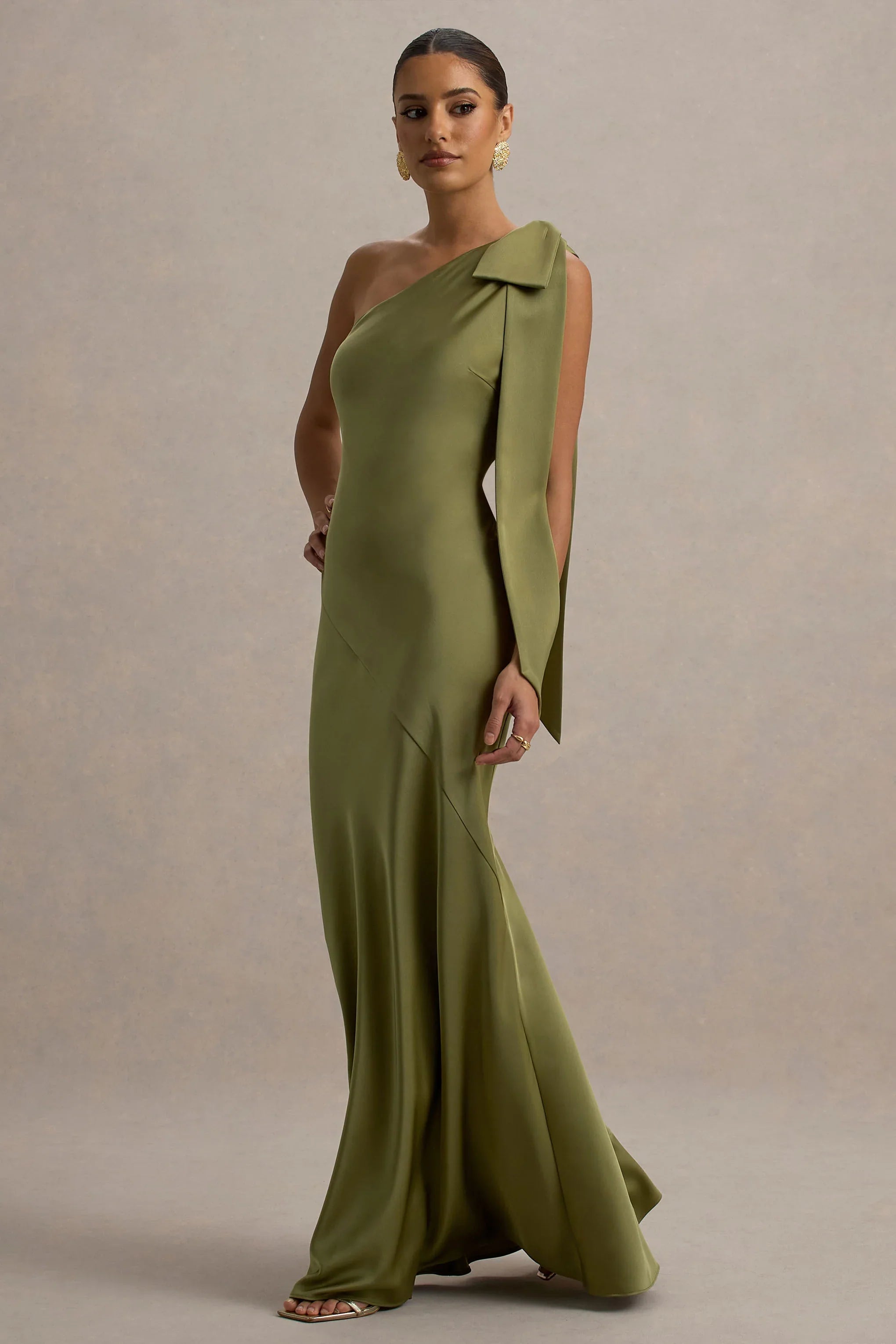 Here For Love Khaki Satin Asymmetric Maxi Dress With Bow