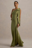 Here For Love Khaki Satin Asymmetric Maxi Dress With Bow