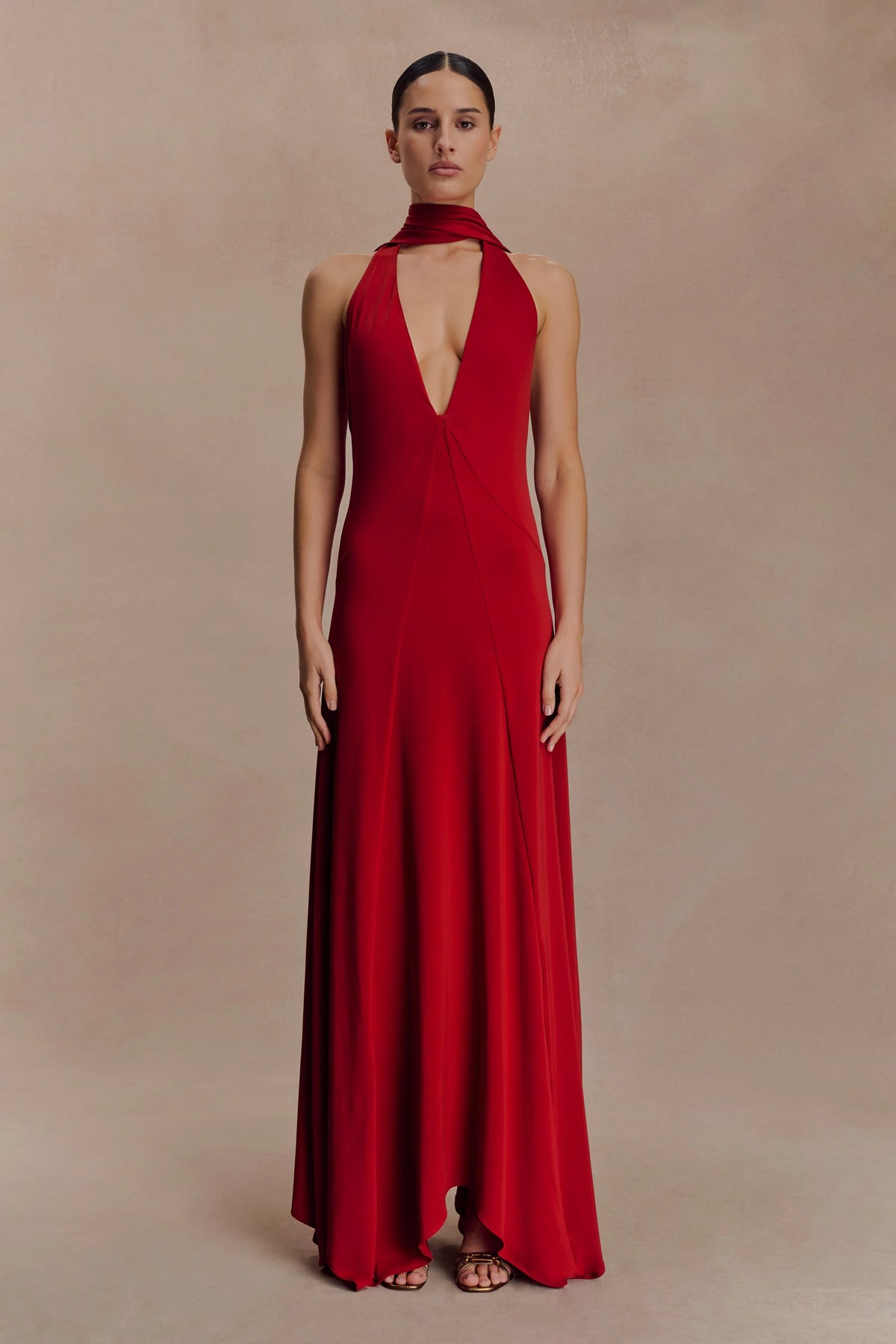 Juliet Slinky Maxi Dress With Scarf Ruby