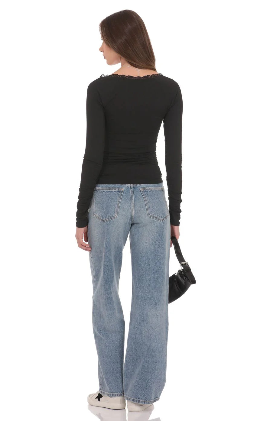 Lace Trim Long Sleeve Top in Black