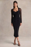 Rosetta Black Sweetheart Neck Midi Dress With Sheer Sleeves