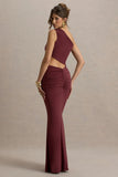Sena Burgundy Asymmetric Maxi Dress With Cut Out Details