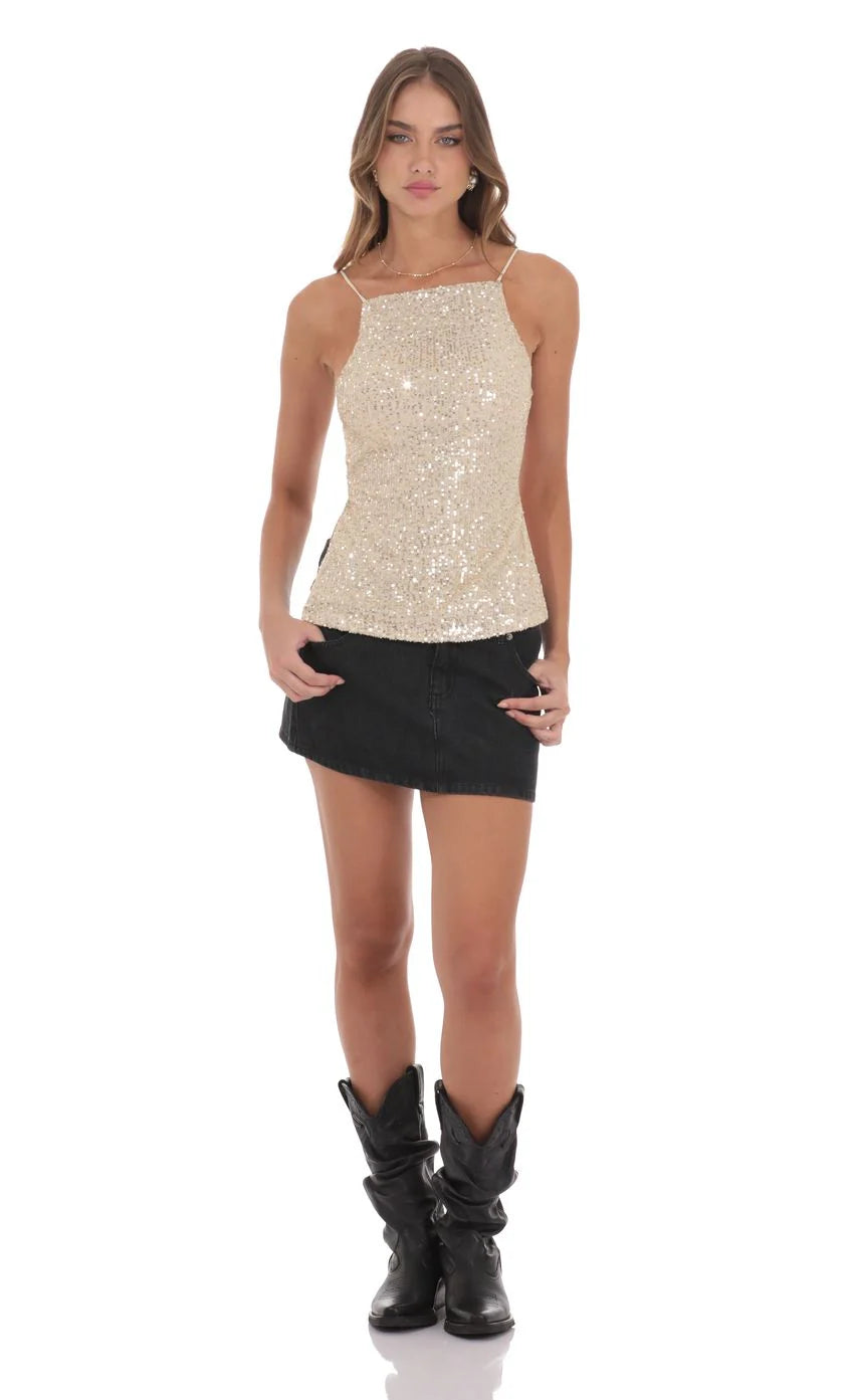 Sequin Open Back Top in Champagne