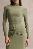 Persis Olive High Neck Maxi Dress With Gathered Detailing
