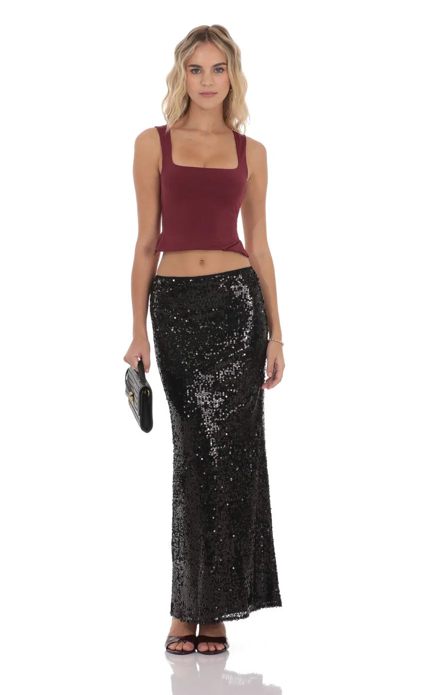 Sequin Maxi Skirt in Black