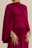 Honora Burgundy High Neck Midi Dress With Cape Sleeves