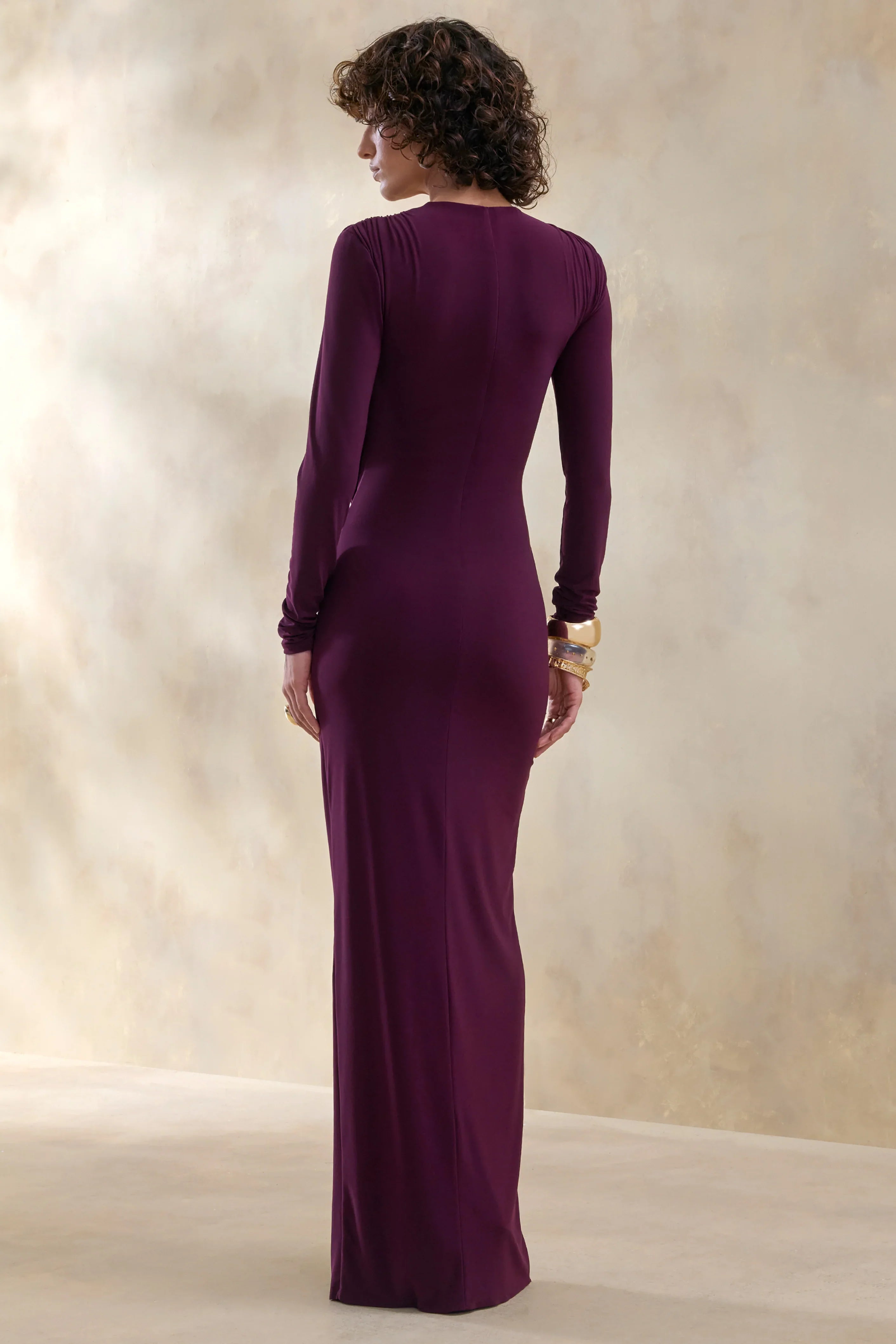 Desirelle Plum Crew Neck Maxi Dress With Gathered Detailing