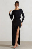 Makayla Black Long Sleeve Wrap Maxi Dress With Corsages