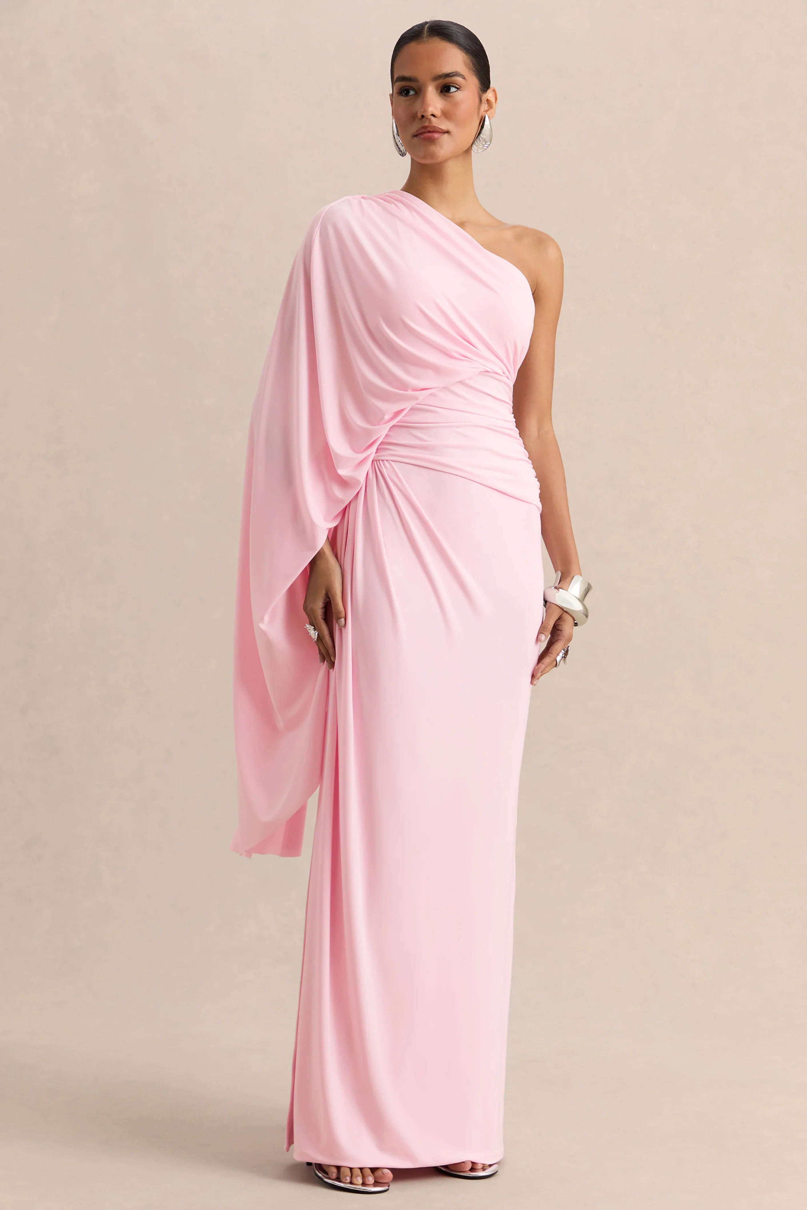 Sabella Pink Asymmetric Neck Maxi Dress