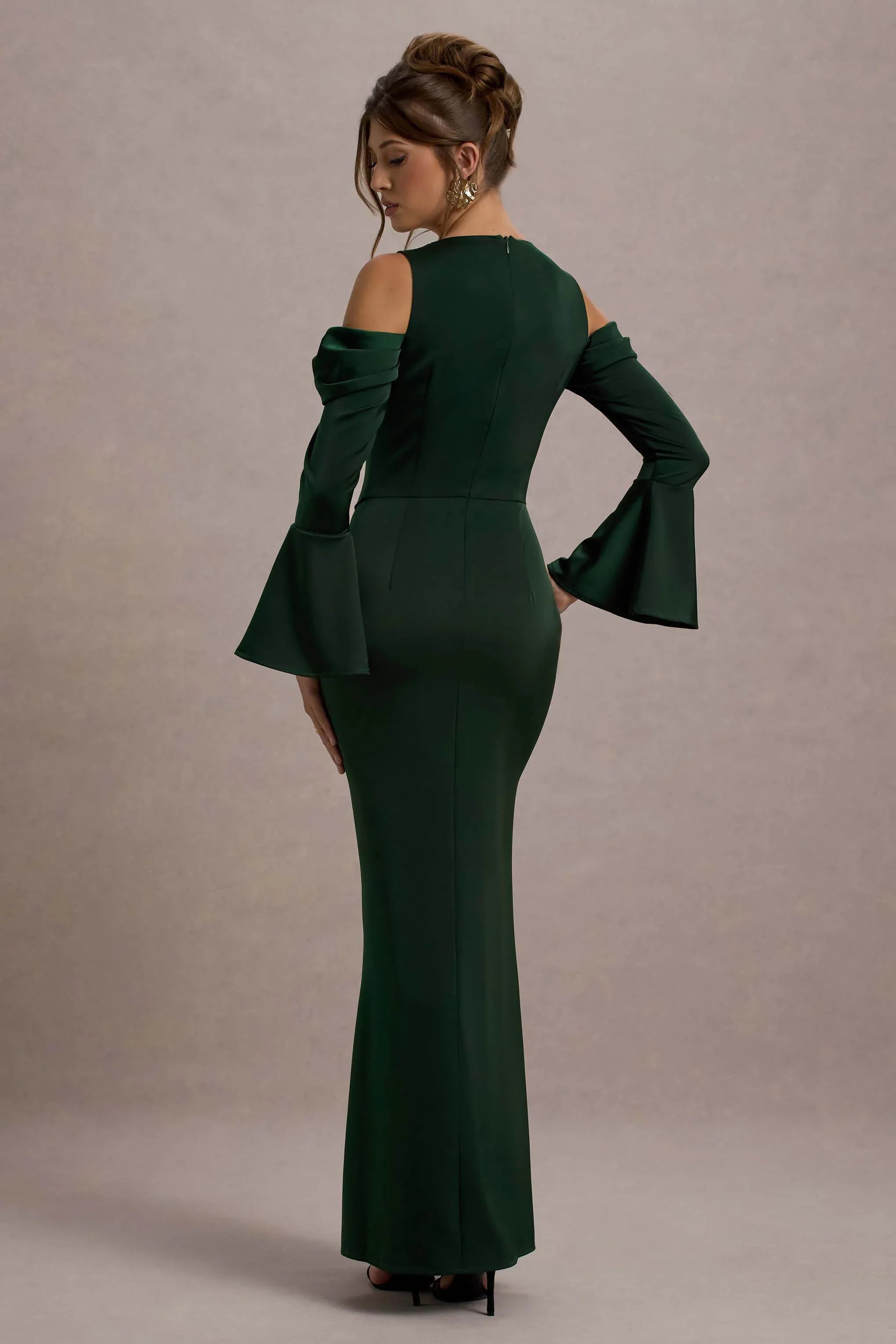 Heartthrob Green Satin Draped Bardot Maxi Dress
