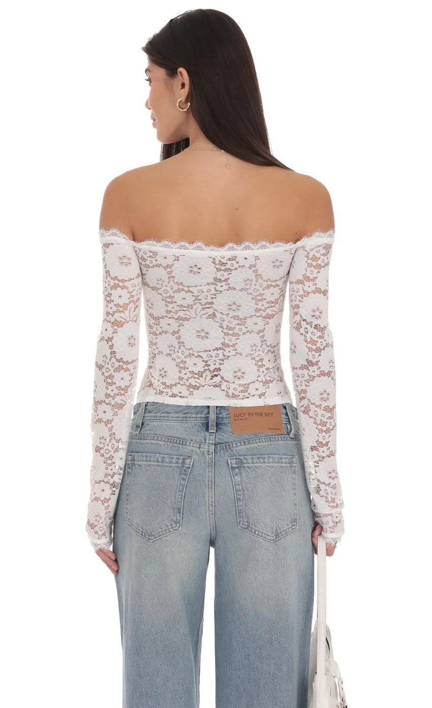 Lace Off Shoulder Twist Top in White
