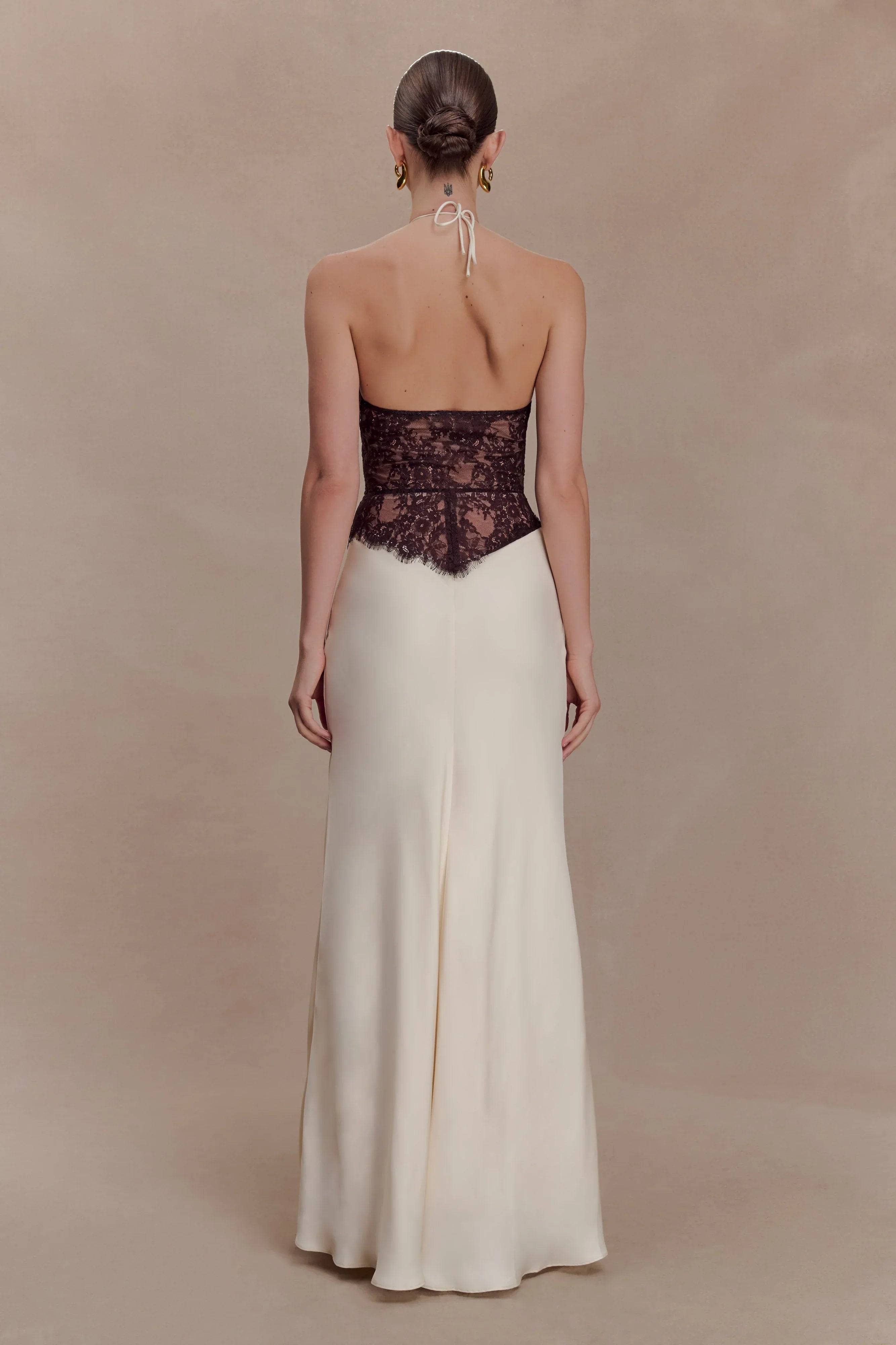 Sascha Lace And Satin Halter Maxi Dress Ivory Chocolate