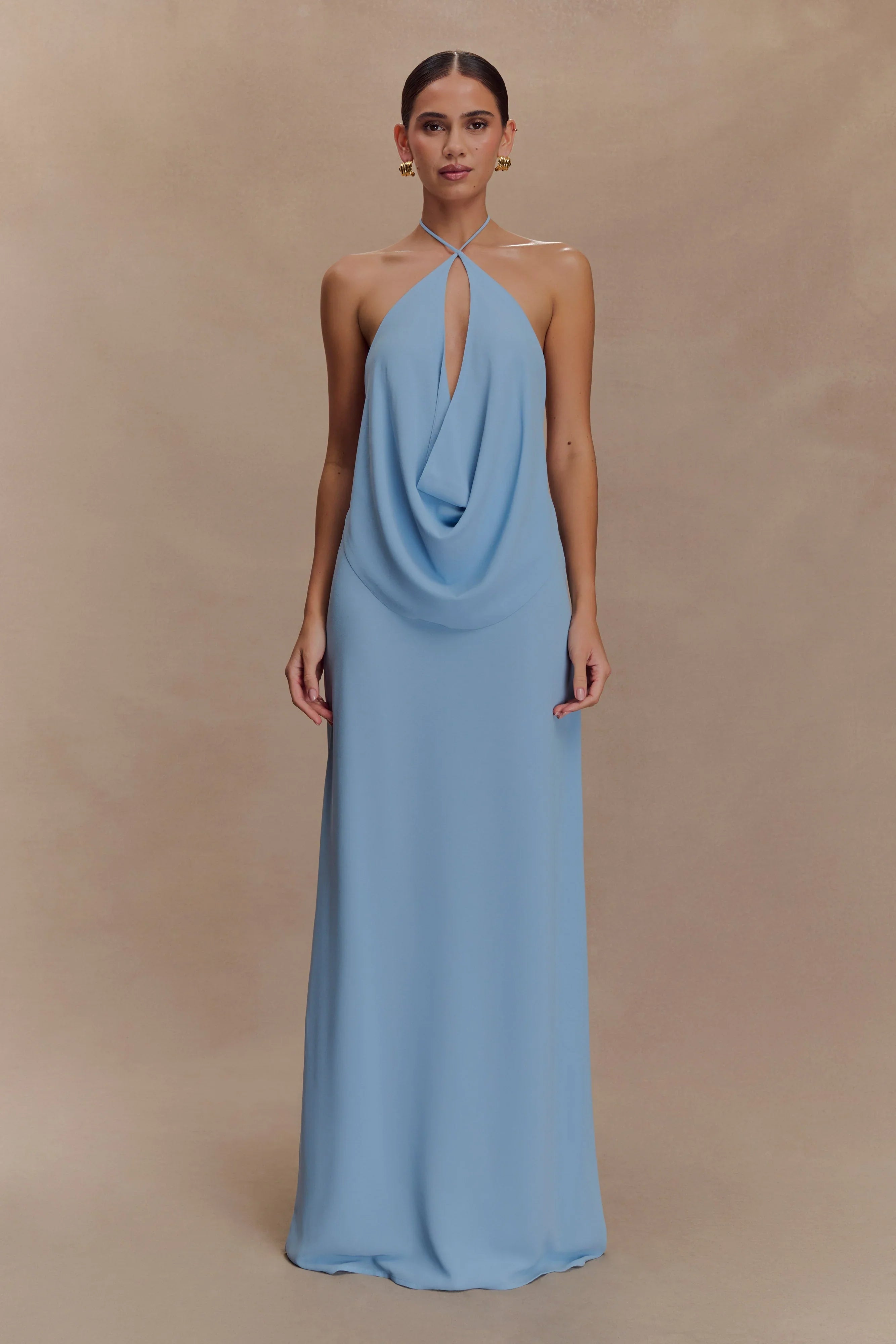 Katalina Chiffon Cowl Halter Top Sky Blue