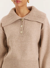 Beige Knitted Buttoned Collar Jumper