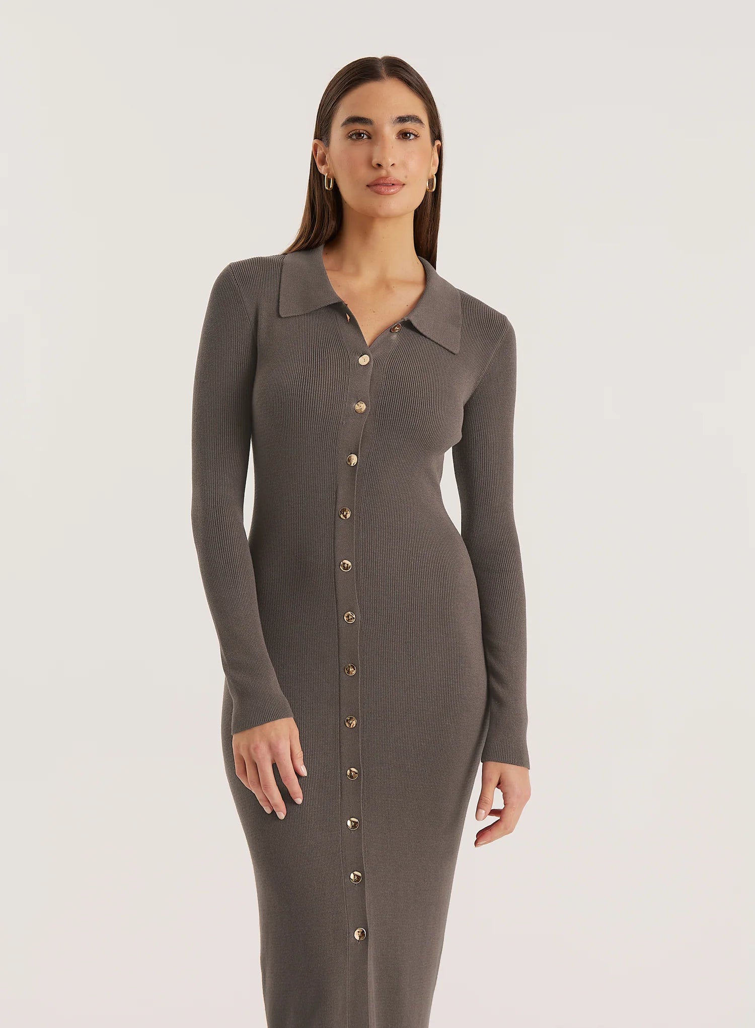 Charcoal Collared Button Down Knitted Dress