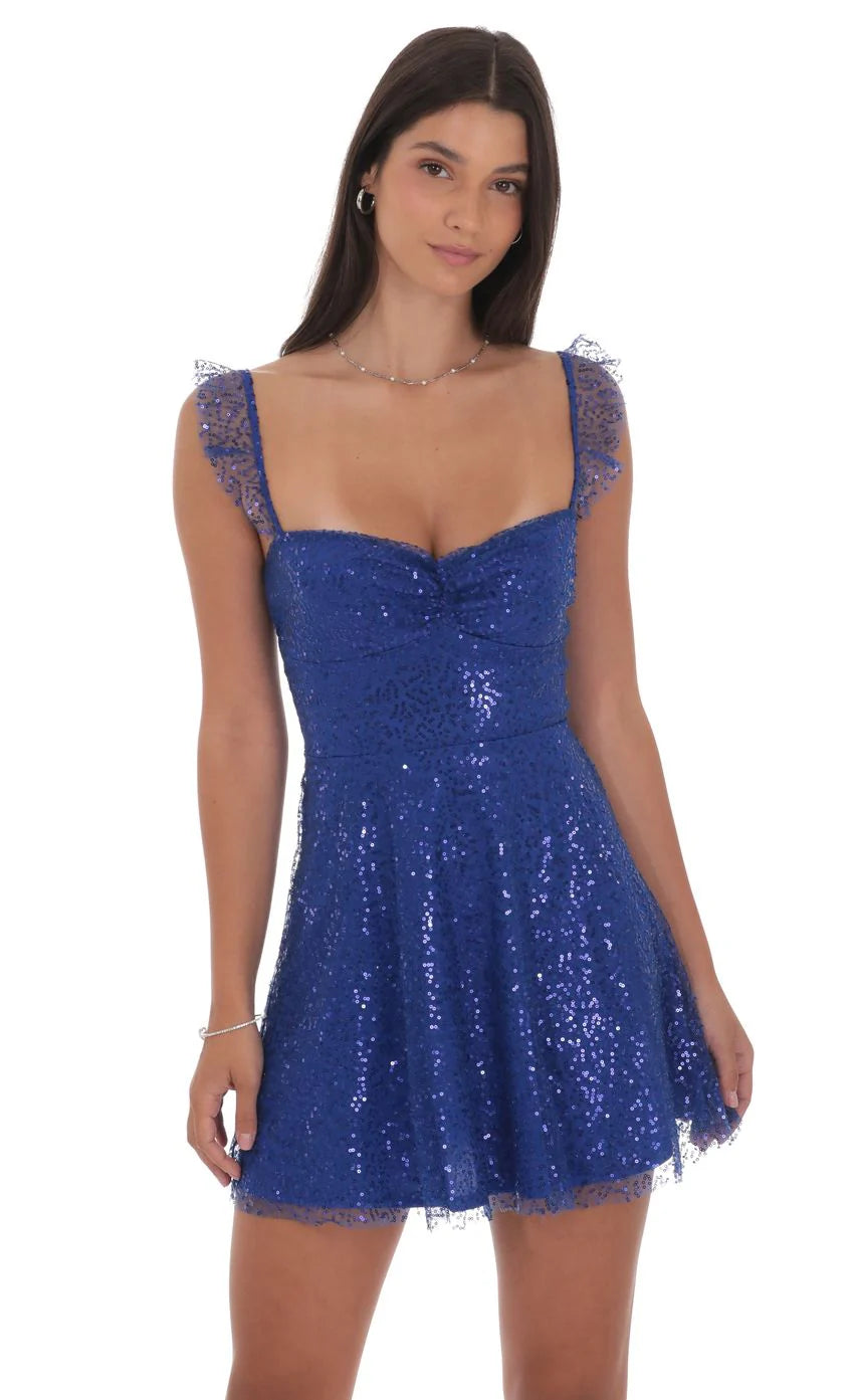 Sequin Ruffle Strap A Line Dress in Blue