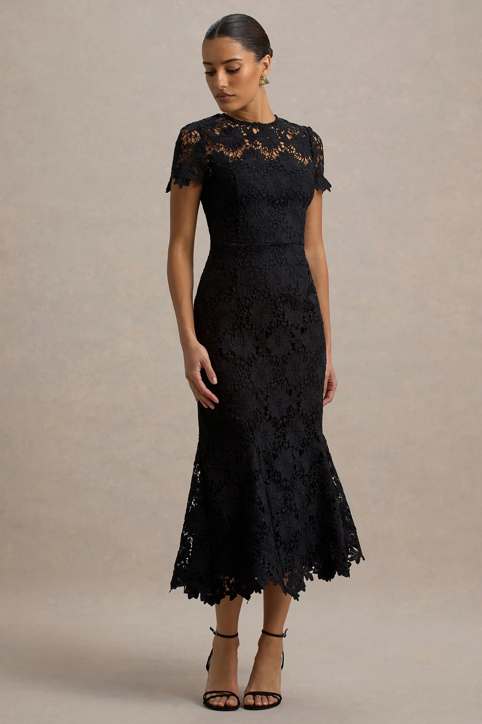 Clarissa Black Lace Short Sleeve Midi Dress
