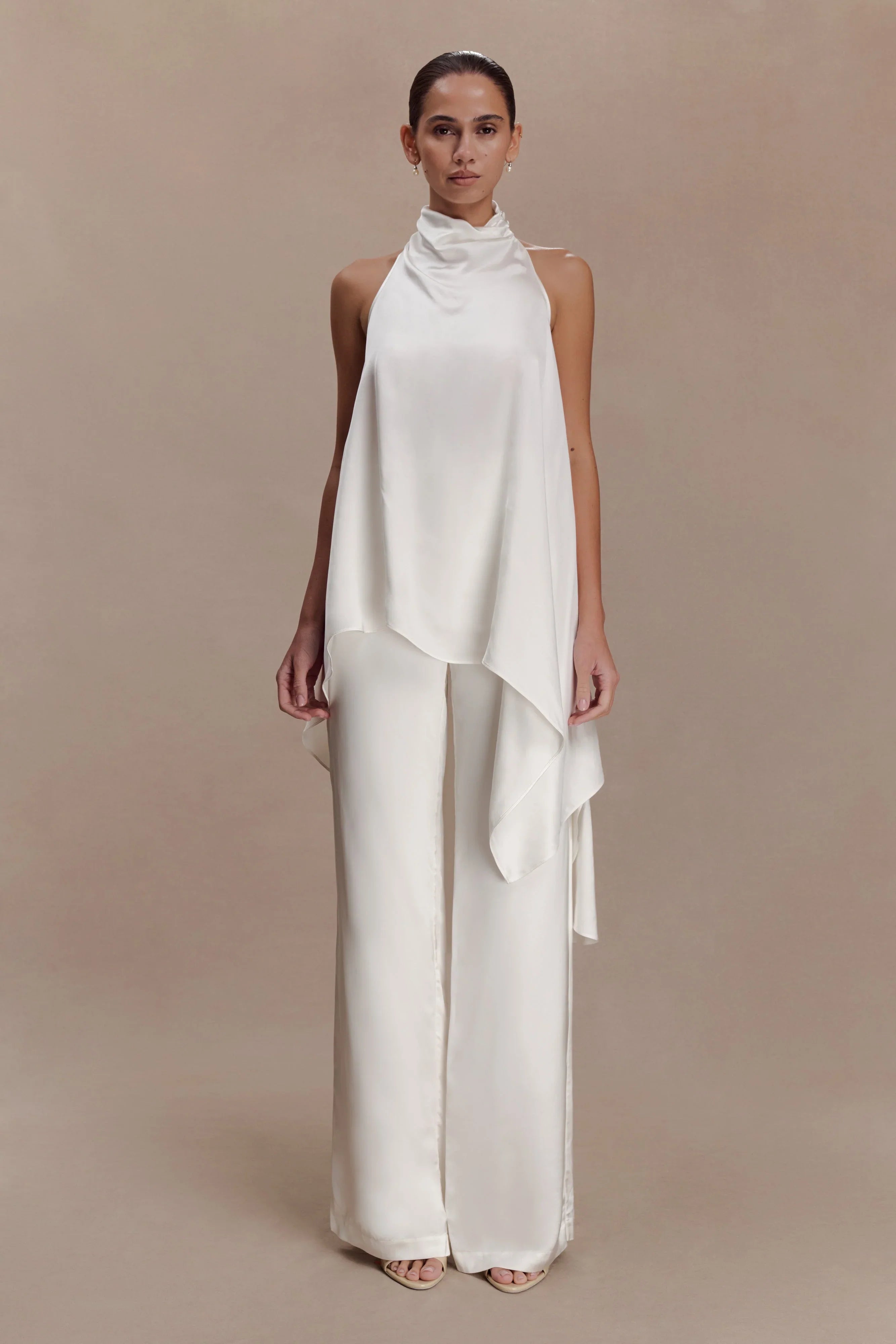 Sydney Asymmetrical Satin Halter Top Ivory