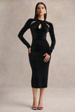 Francine Black Velvet Round Neck Midi Dress With Cut Out Details
