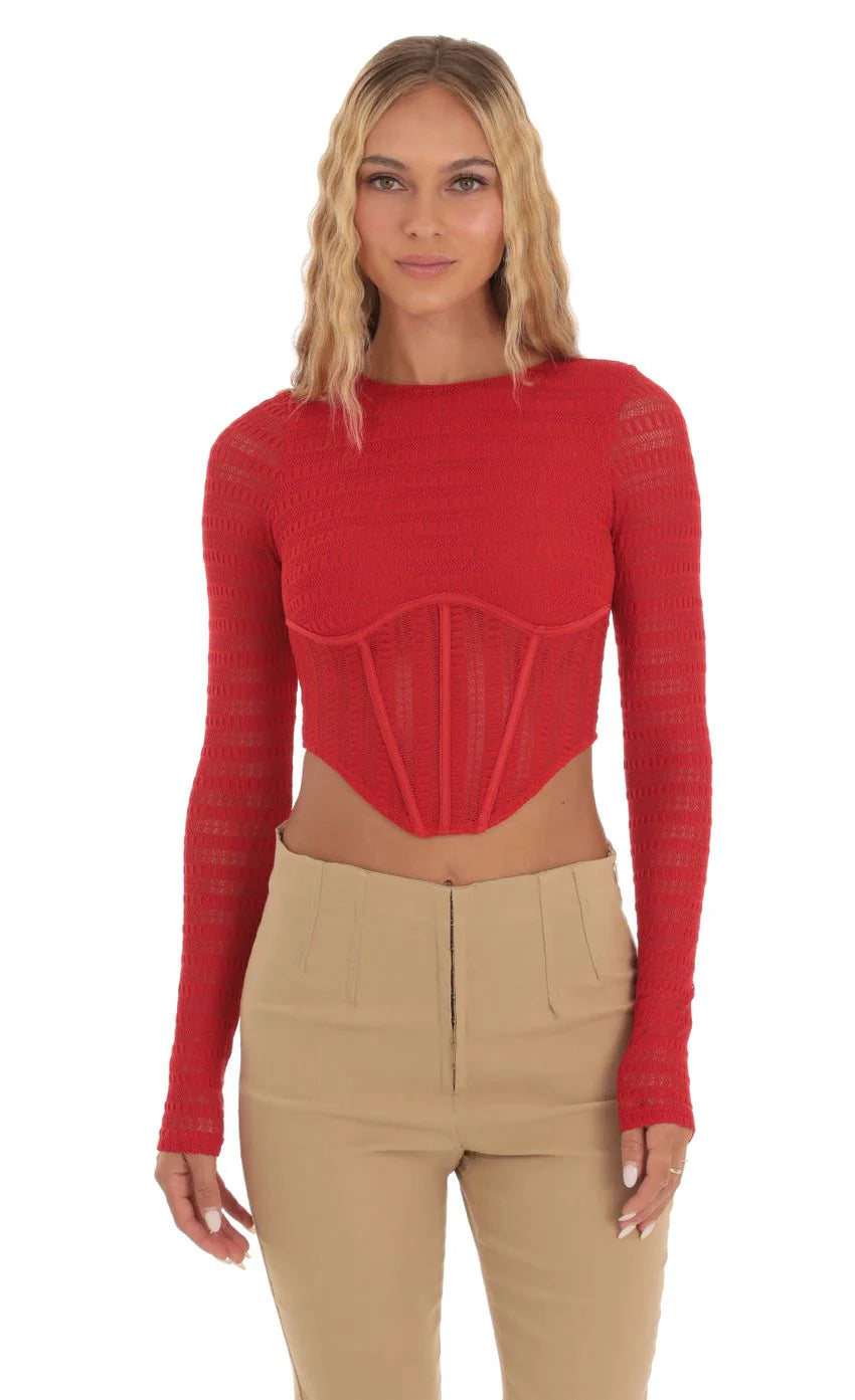 Long Sleeve Corset Top in Red