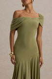 Castor Olive Asymmetric Midi Dress