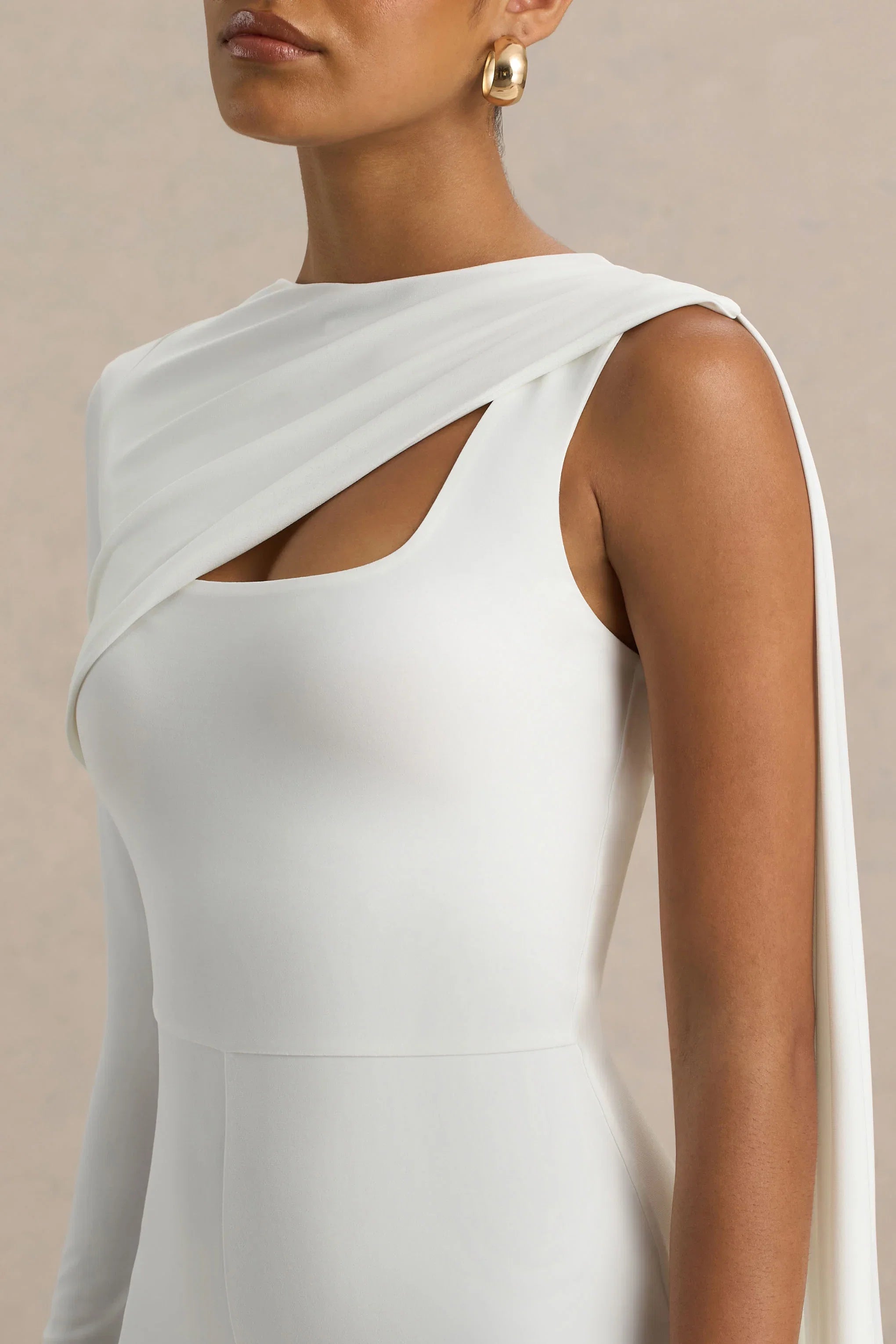 Graces White High Neck Jumpsuit With Cape Sleeve