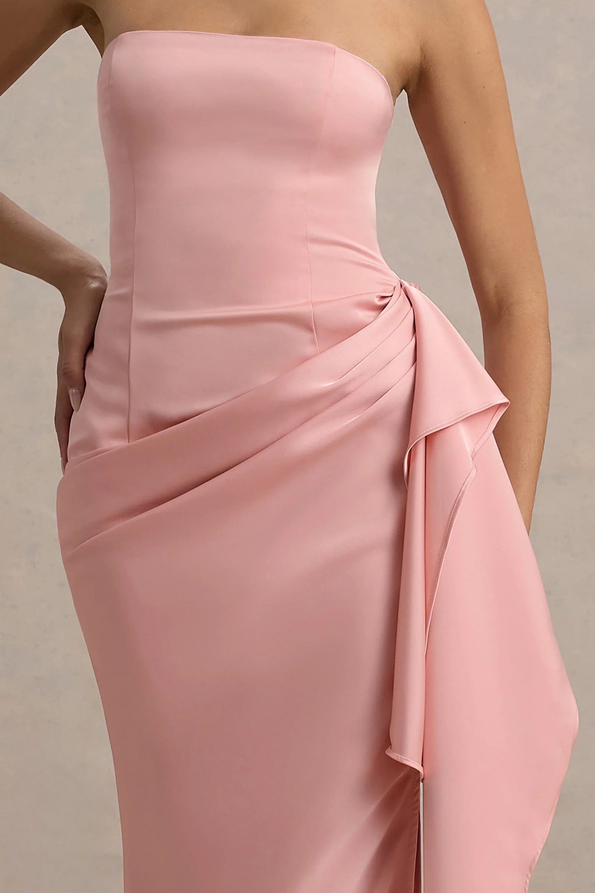 Loz Light Pink Satin Bandeau Draped Maxi Dress
