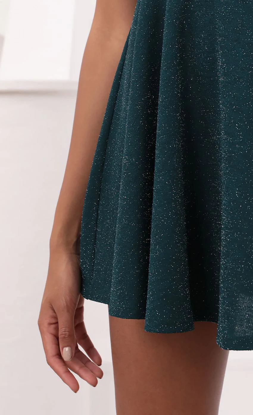 One Shoulder Dress in Turquoise Sparkle