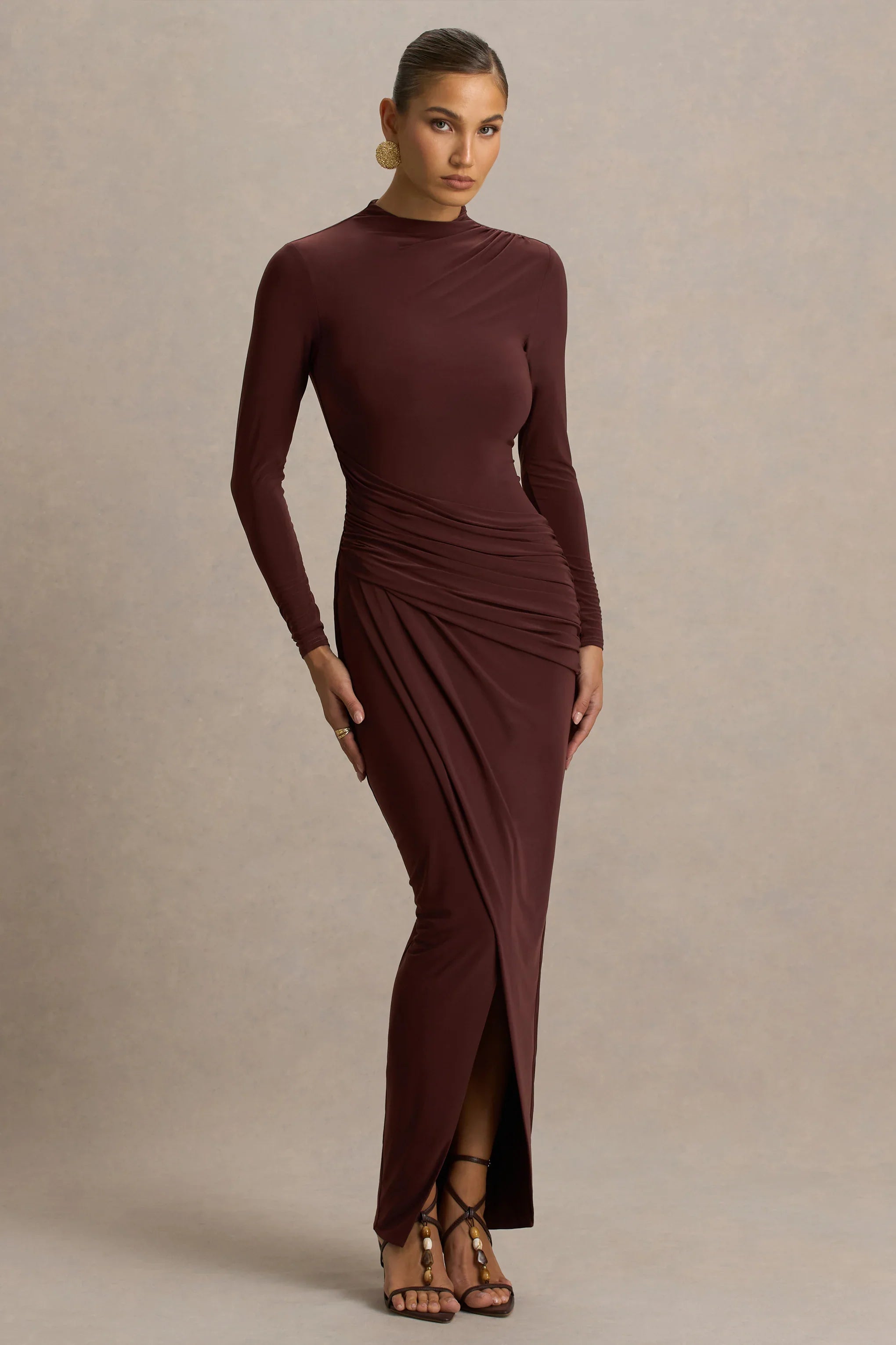 Zephyra Brown High Neck Wrapped Maxi Dress