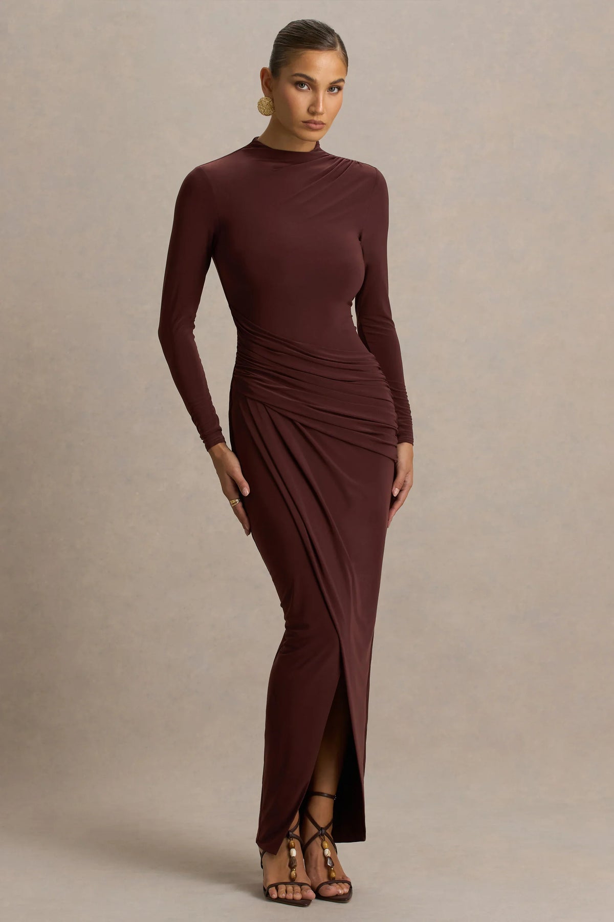 Zephyra Brown High Neck Wrapped Maxi Dress