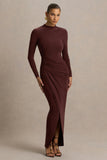 Zephyra Brown High Neck Wrapped Maxi Dress