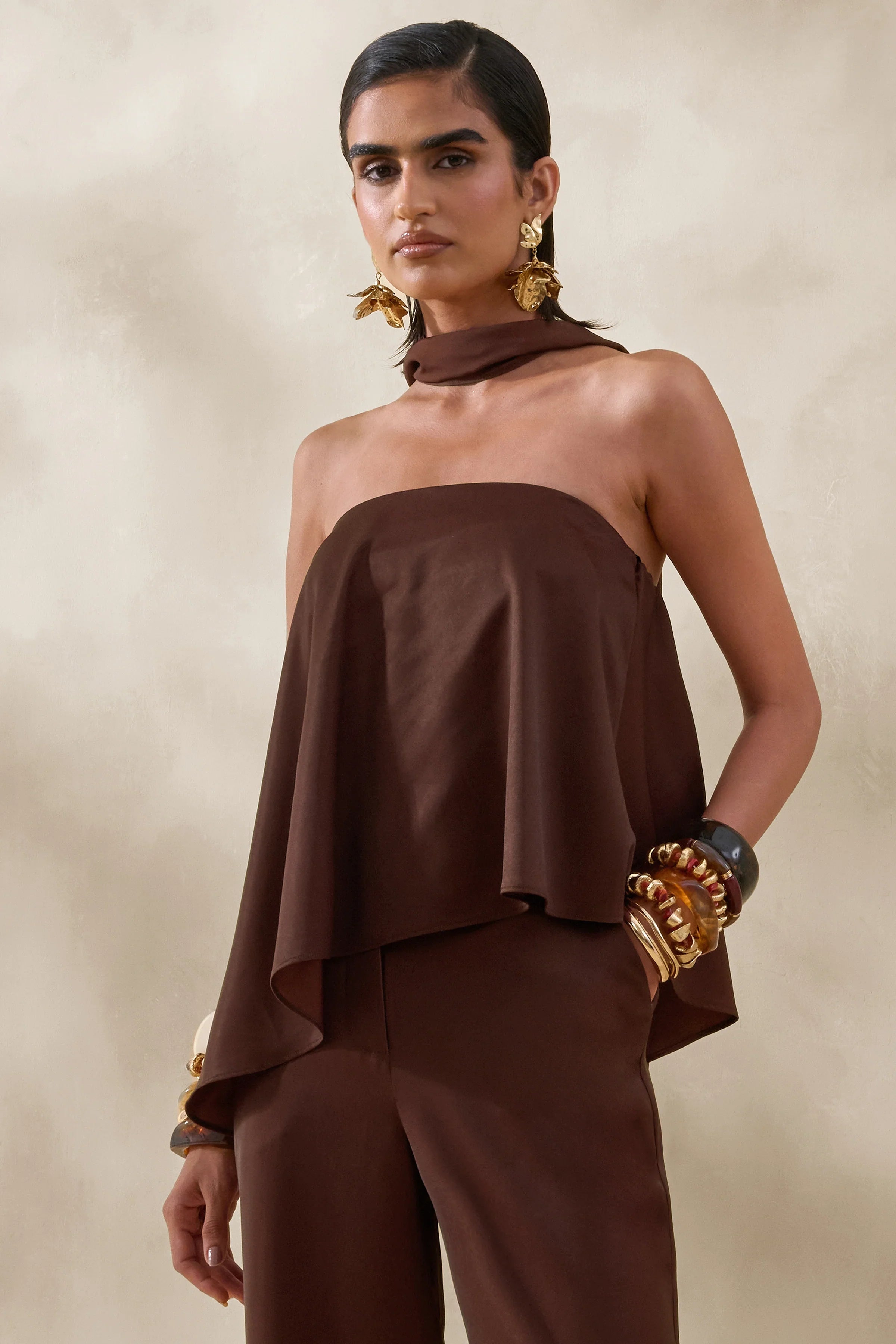 Evandra Brown Satin Bandeau Top With Scarf