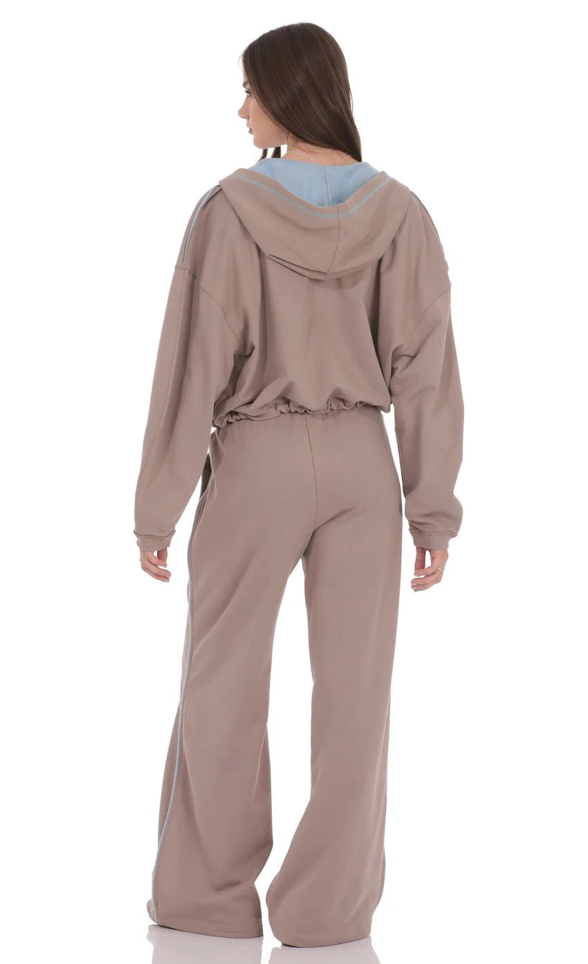 Two Toned Cinchable Sweatpants Pants in Taupe
