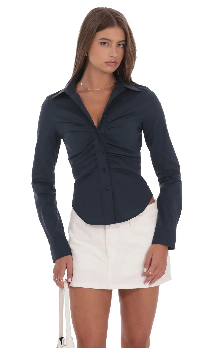 Ruched Button Up Shirt in Navy