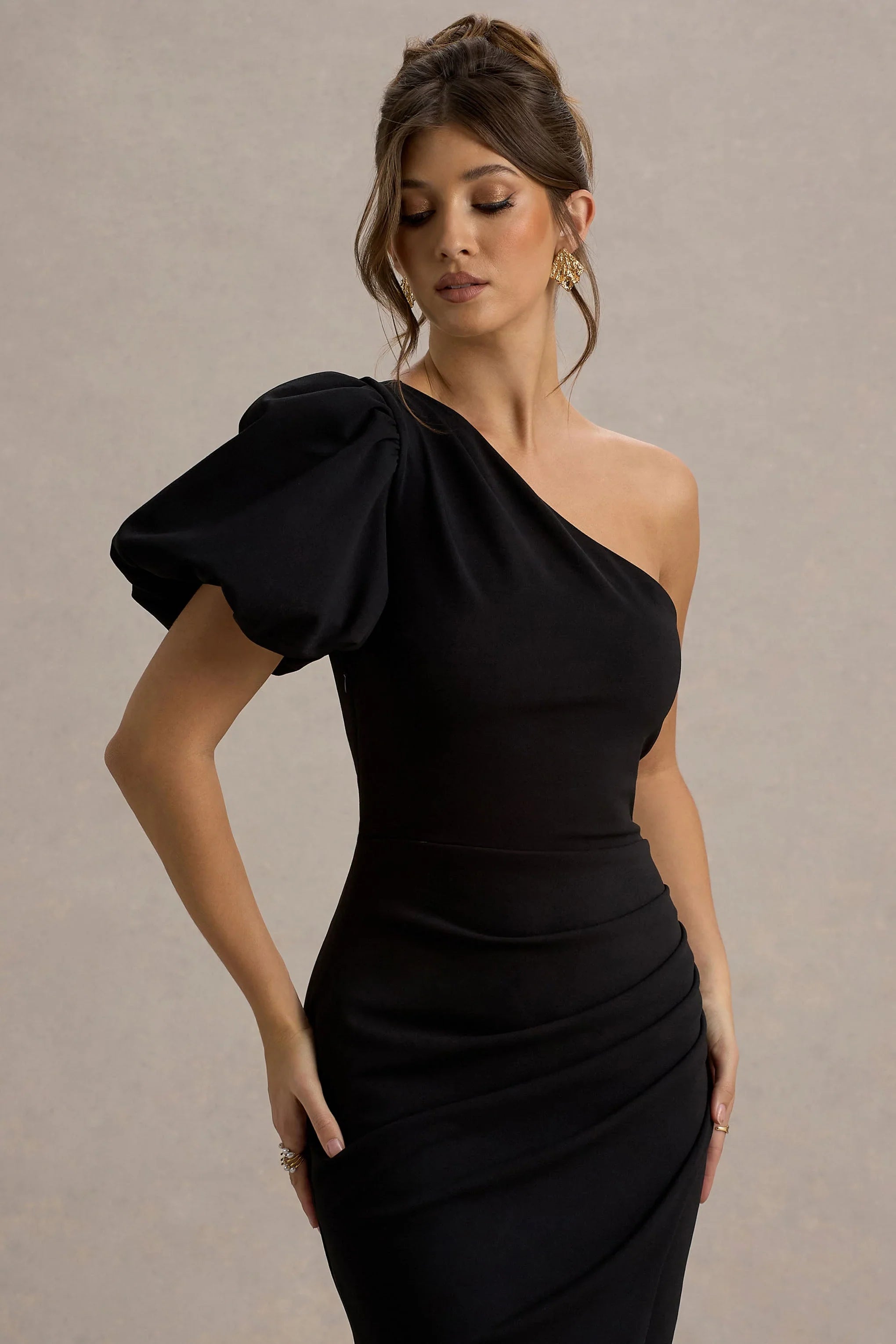 Vittoria Black Asymmetric Puff Sleeve Split Maxi Dress