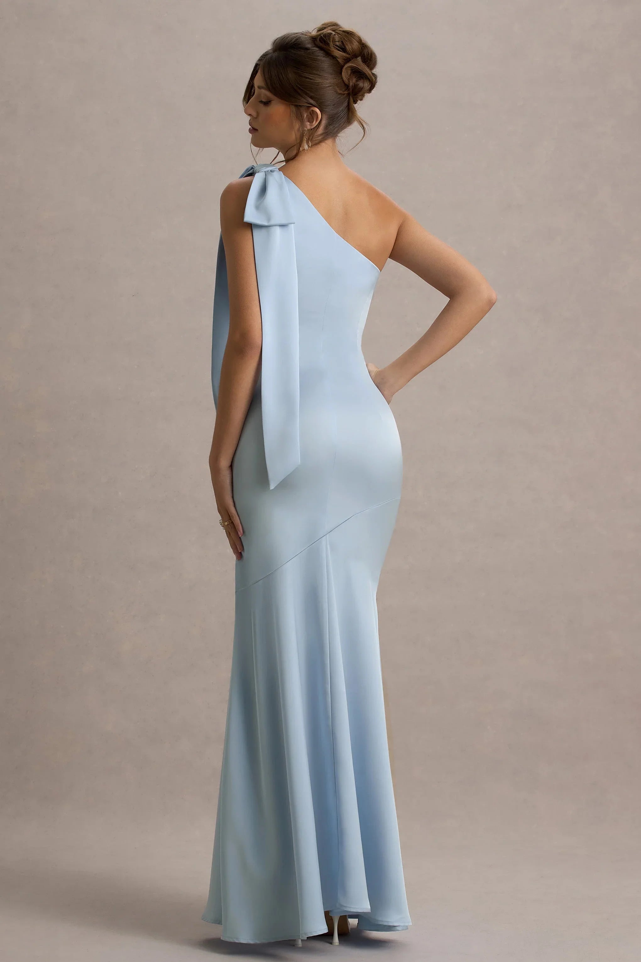 Here For Love Powder Blue Satin Asymmetric Maxi Dress With Bow