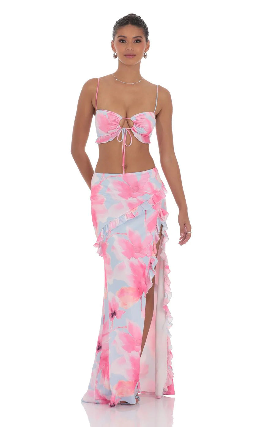 Floral Ruffle Two Piece Set in Blue