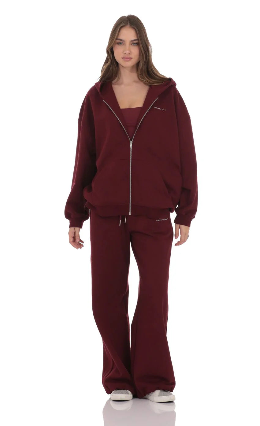 Oversize Zip Up Hoodie in Burgundy