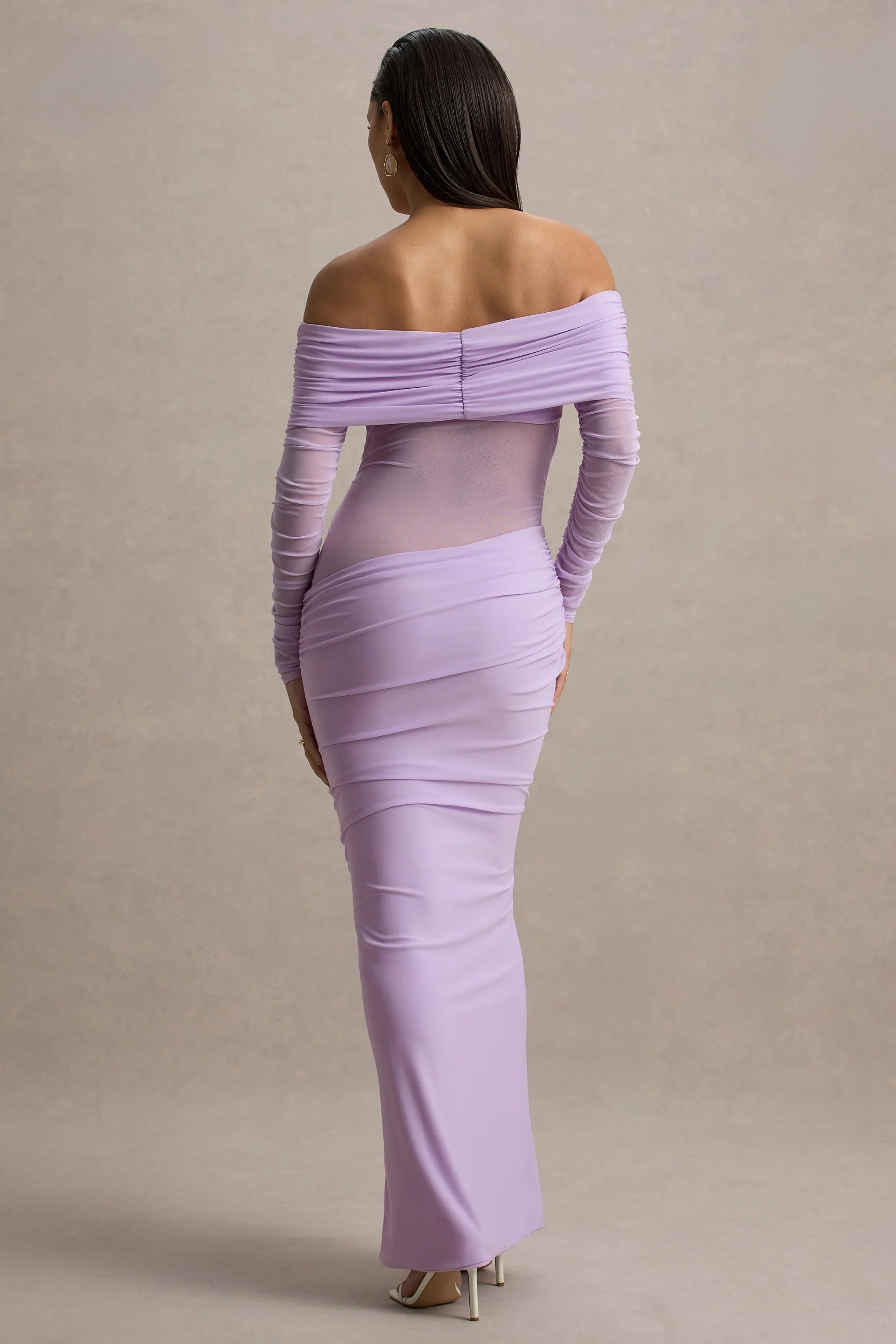 Belamour Lavender Semi Sheer Bardot Gathered Maxi Dress