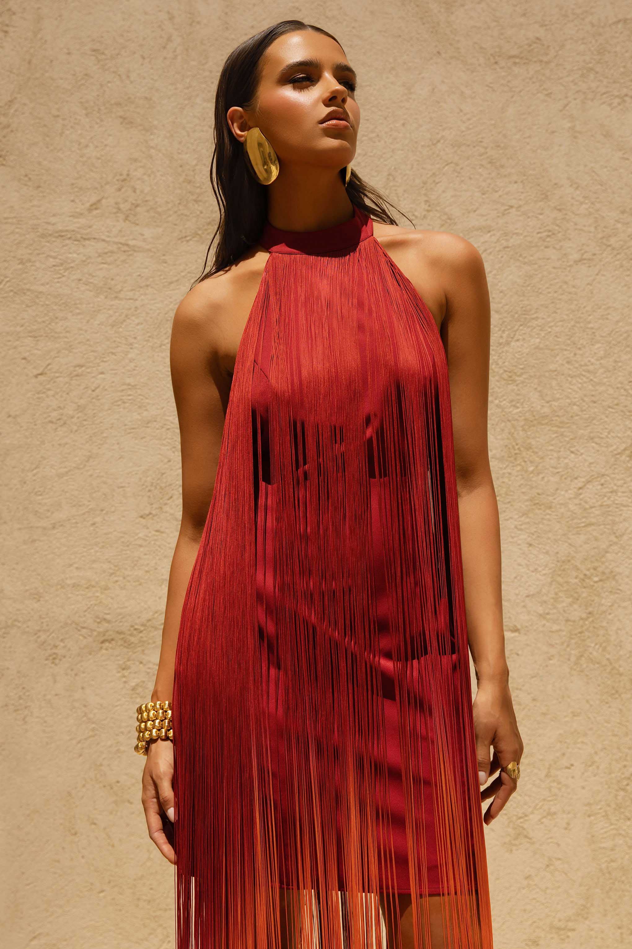 Alessia Orange Ombre Fringe High Neck Maxi Dress