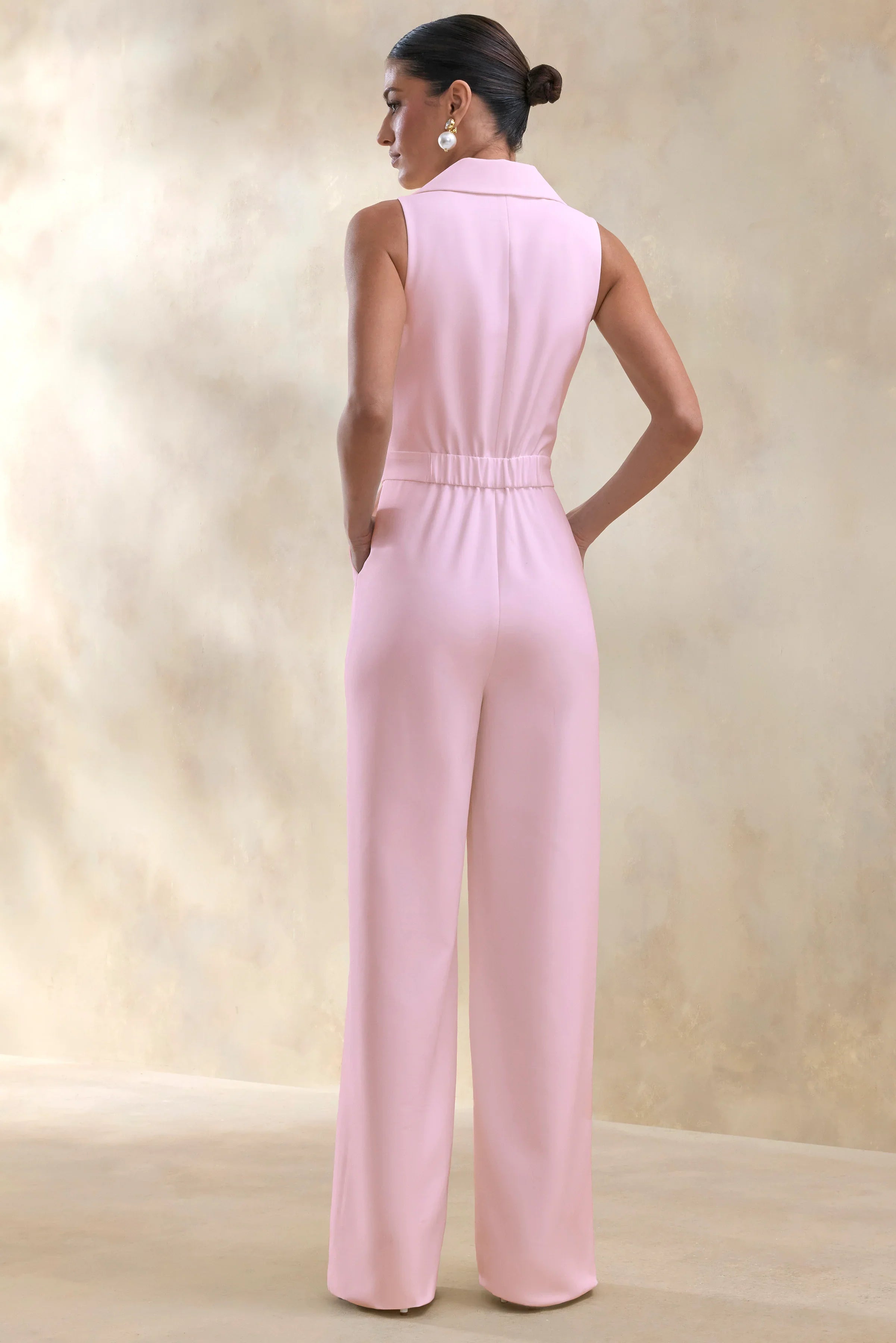 Brillora Light Pink Plunge Neck Tailored Jumpsuit