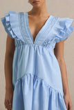 Judie Blue Poplin V Neck Ruffled Mini Dress