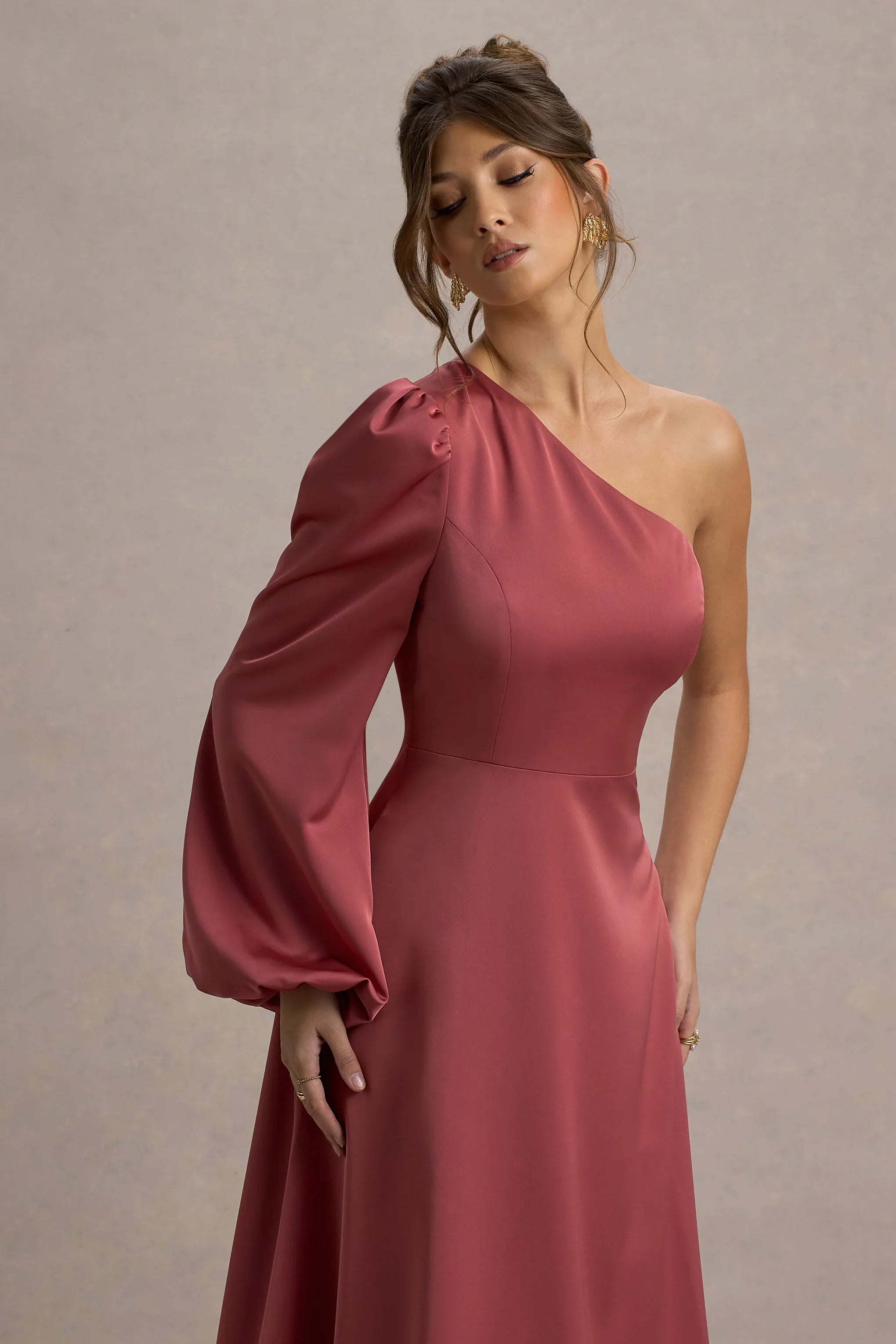 Haila Rose Pink Satin One Shoulder Midi Dress
