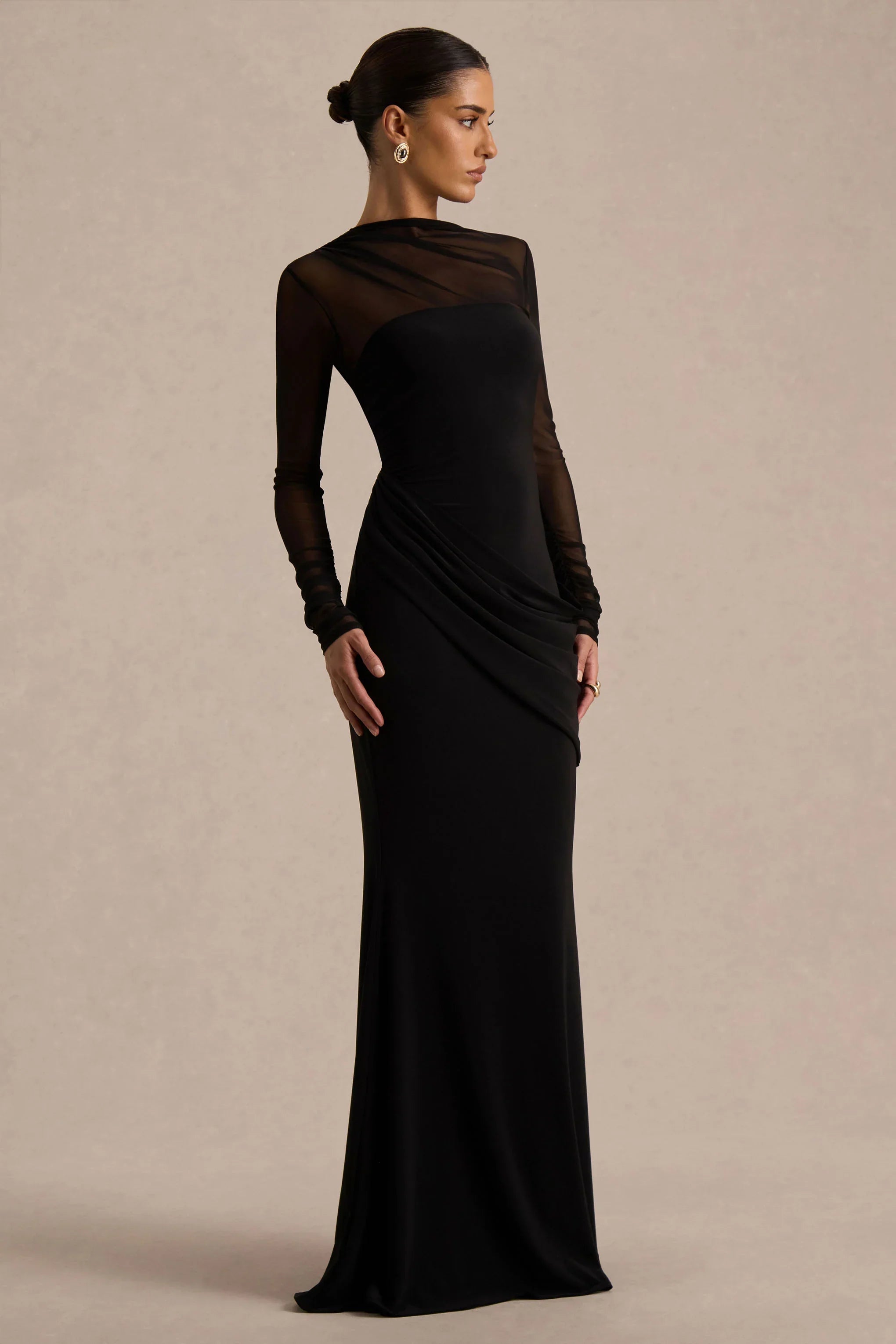 Deema Black Jersey And Mesh High Neck Maxi Dress