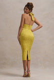 Maciza Mustard Satin Jacquard Cowl Neck Midi Dress