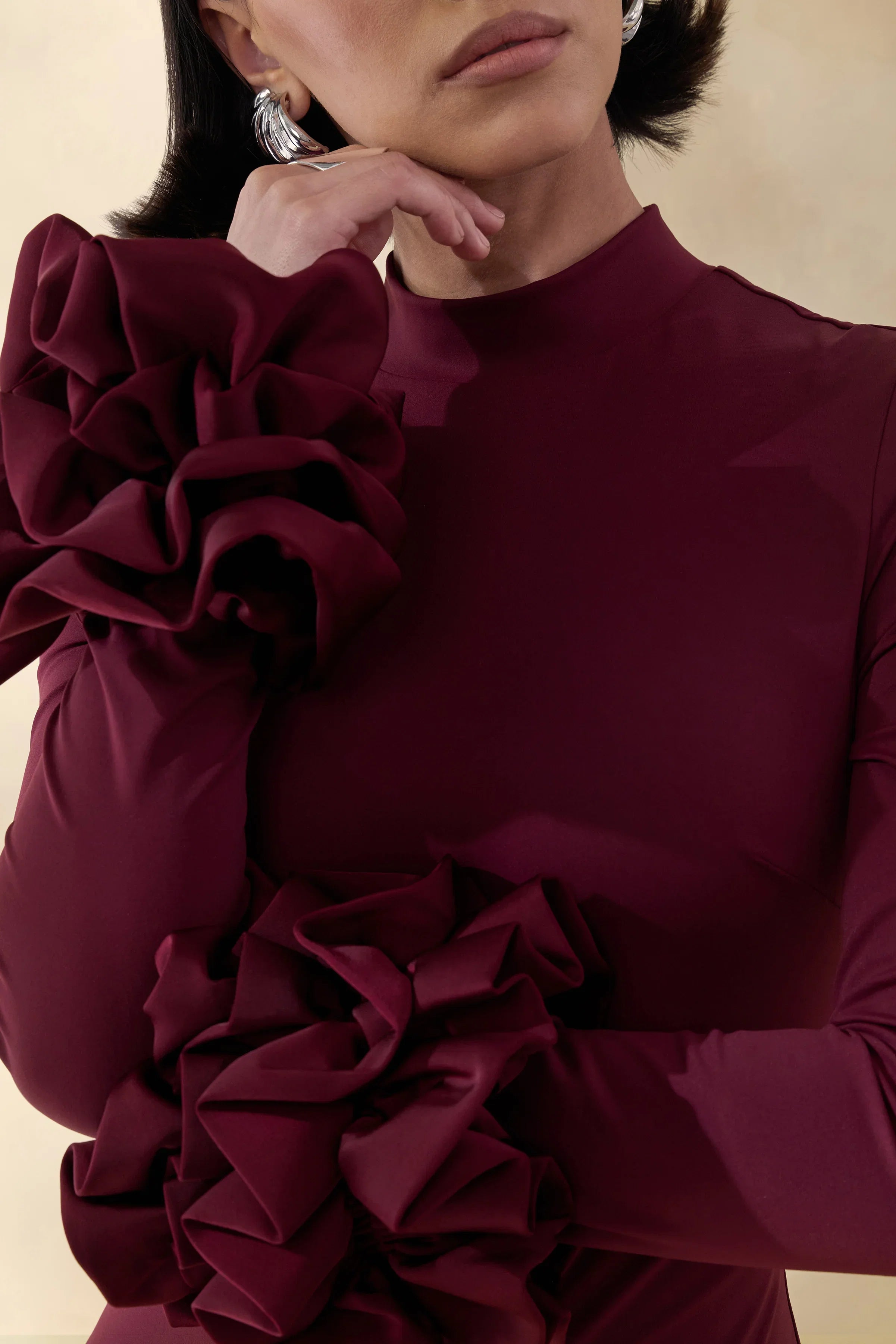 Jaselle Dark Plum High Neck Maxi Dress With Ruffled Satin Cuffs