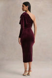 Vespera Burgundy Velvet Asymmetric Neck Midi Dress With Bow Detail