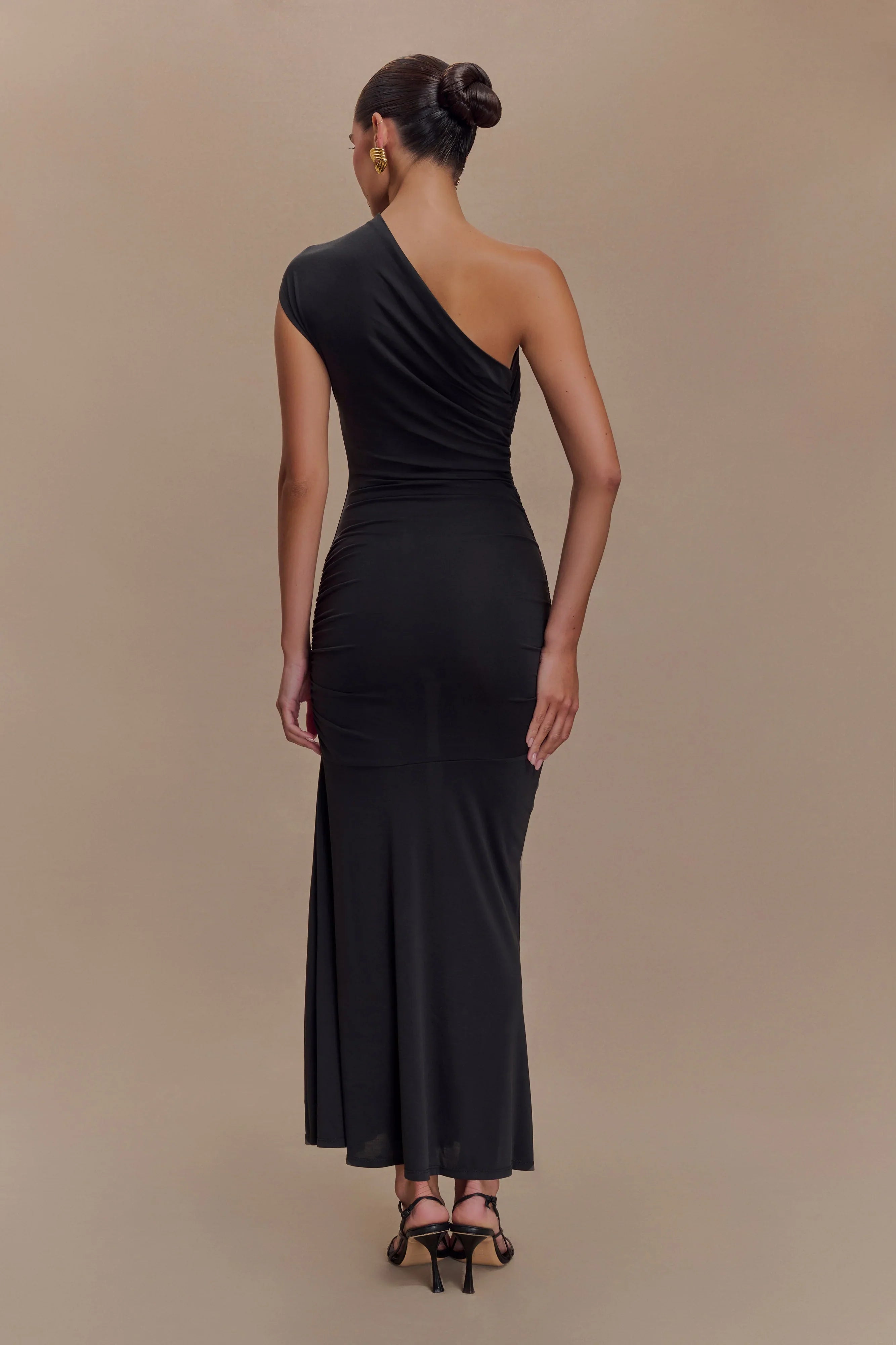 Chloe Peached Jersey One Shoulder Midi Dress Black
