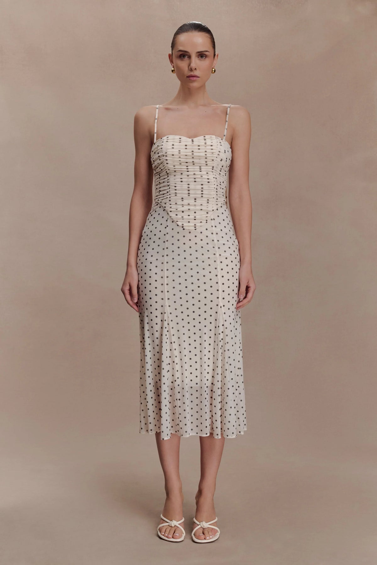 Willa Gathered Mesh Midi Dress Polka Dot