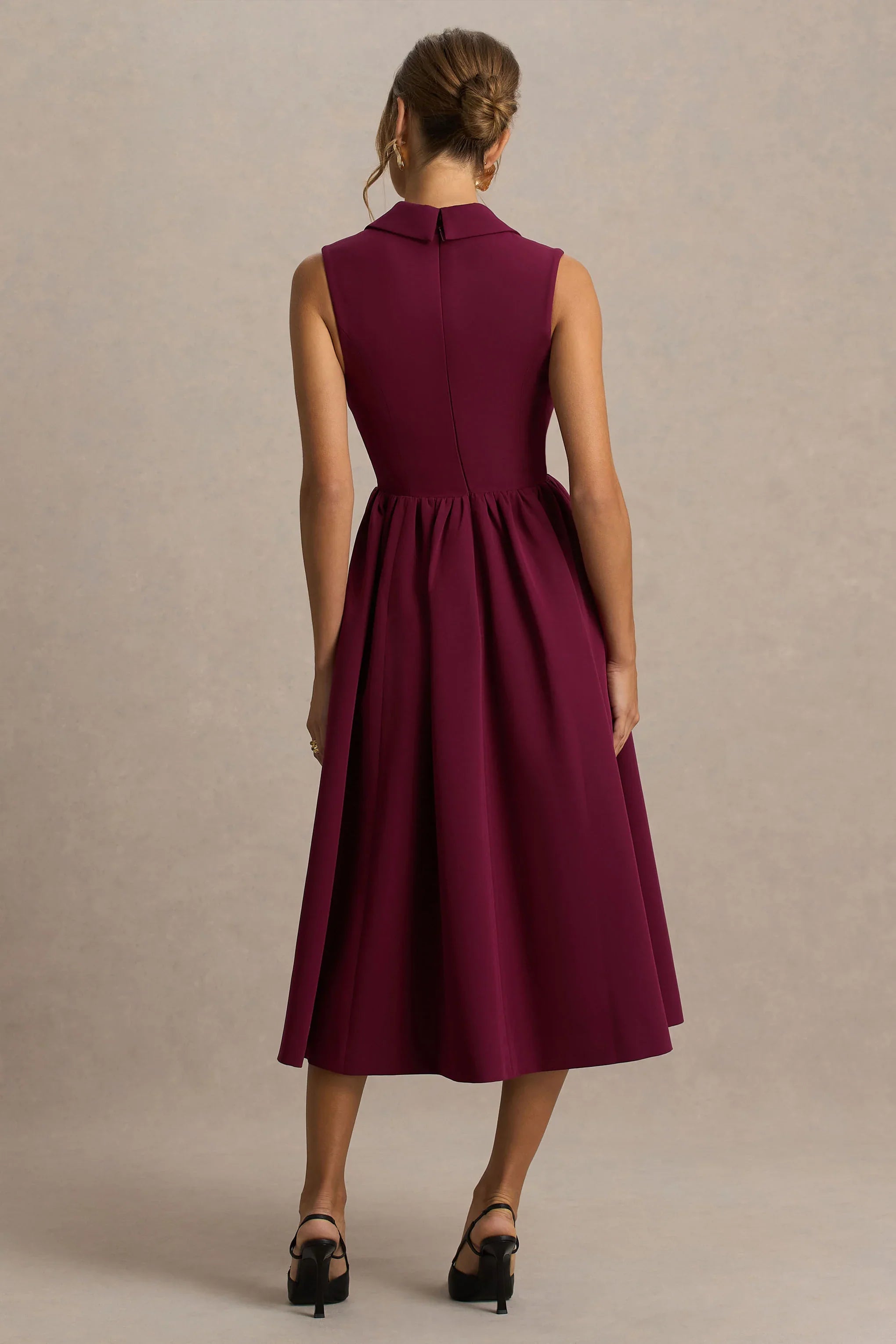 Lisa Burgundy Plunge Neck Tailored Midi Dress With Button Detailing